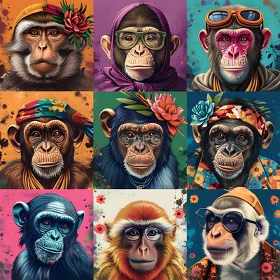 Künstlerische Collage: Neun stilisierte Affenporträts (KI-generiert)